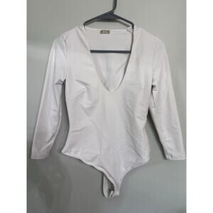 Intimately Free People White Long Sleeve Bodysuit | Deep V Neck | S